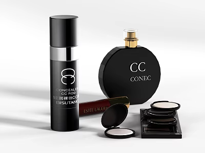 Luxury Black Perfume Bottle and Cosmetics Collection with Essential Repair Balm and Blush Palette 3d model