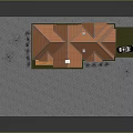 Cartoon House Scene with Red Roof Small Trees and Black Car in Yard