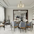Elegant Dining and Living Room Interior With Chandelier Dining Table and Upholstered Chairs