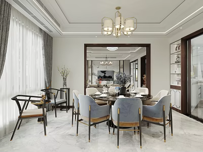Elegant Dining and Living Room Interior With Chandelier Dining Table and Upholstered Chairs 3d model