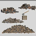 Stone And Wood Assortment With Stacked Logs Axe And Various Firewood Piles