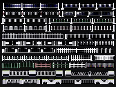 Various Types Of Railings Design Styles With Patterns Grids And Decorative Details 3d model