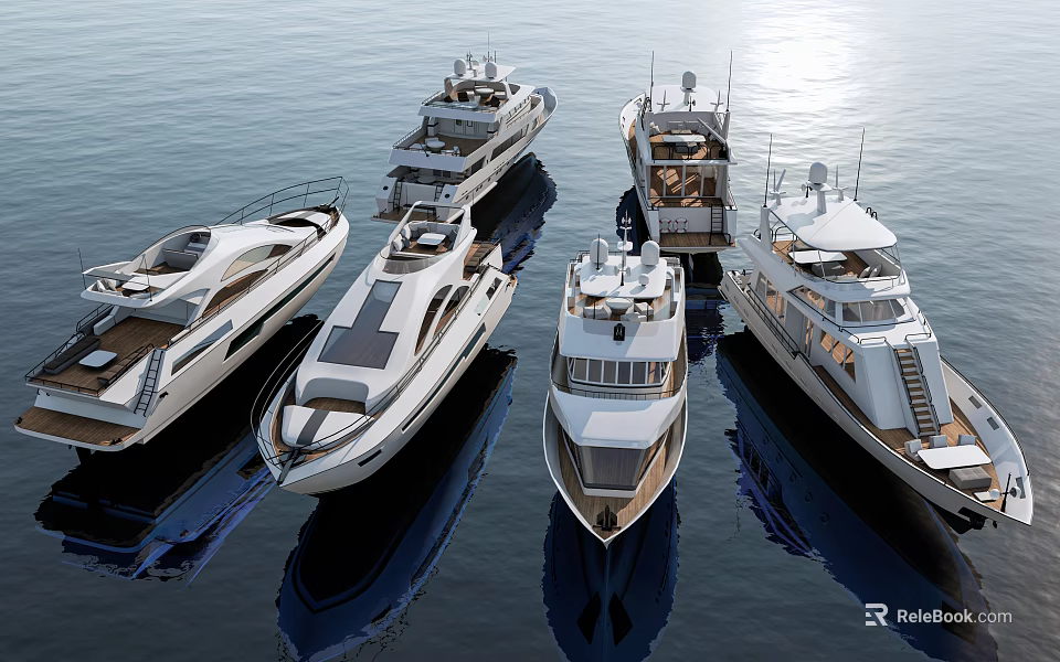 Multiple Sleek Yachts Moored In Marina On Calm Blue Water With Modern Design 3d model 
