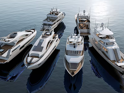 Multiple Sleek Yachts Moored In Marina On Calm Blue Water With Modern Design 3d model