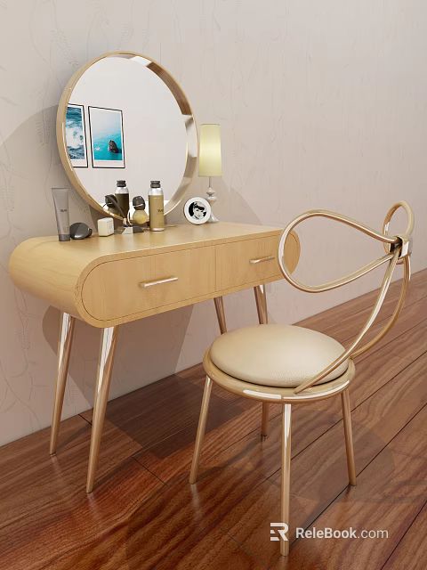 Elegant Wooden Vanity Table With Drawers Mirror Table Lamp And Accent Chair 3d model 