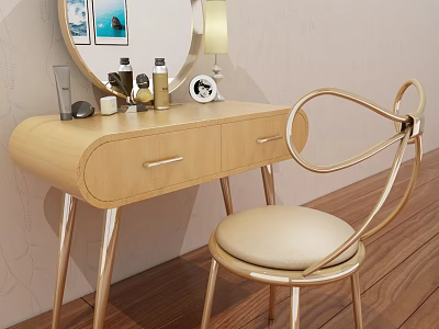 Elegant Wooden Vanity Table With Drawers Mirror Table Lamp And Accent Chair 3d model