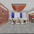 Elegant Private Dining Room With Round Table Beige Chairs Red Pendant Light And Wooden Bookshelf