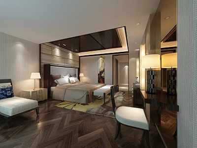 Elegant Hotel Room Interior Design With King Bed Nightstands Herringbone Floor And Ambient Lighting 3d model