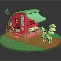 Pink Carriage Pulled By Alpaca With Green Awning On
