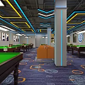 Modern Billiard Room with Billiard Tables Colorful Ceiling Lights Orange Sofas Patterned Carpet and Posters 3d model