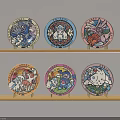 Colorful Decorative Plates With Various Cartoon Characters On Wooden Shelves