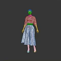 Stylish Woman In Striped Top And Patterned Skirt With Belt Standing Against Grey Background