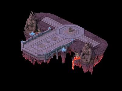 Landscape Sculptures With Guardian Statues On Floating Platform Glowing Blue Elements And Lava Flows 3d model