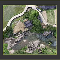 Lush Natural Scenic Model Featuring Flowing Stream Scattered Rocks Trees And Traditional Pavilion