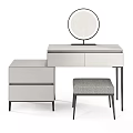 Modern Dressing Table With Round Mirror Side Cabinet And Padded Stool 3d model
