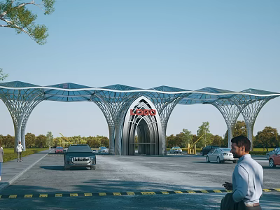 Modern Architectural Entrance Gate With Arched Metal Framework And Surrounded by Vehicles Pedestrians Green Trees 3d model