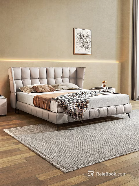 Light Gray Tufted Wingback Double Bed with Beige Pillows Plaid Blanket and Framed Artwork 3d model 