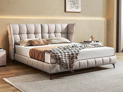 Light Gray Tufted Wingback Double Bed with Beige Pillows Plaid Blanket and Framed Artwork 3d model