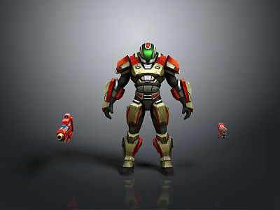 Game Movie Robot Character in Red Green Gold Armor with Two Small Red Flying Drones 3d model