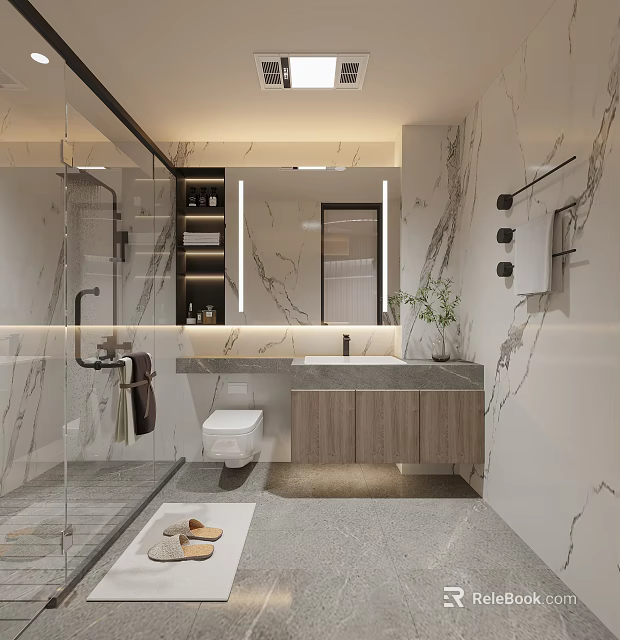 Modern Bathroom Interior With Marble Walls Glass Shower And Wooden Vanity 3d model 