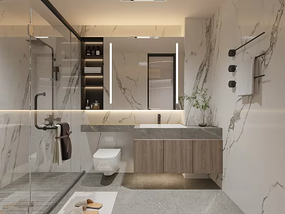Modern Bathroom Interior With Marble Walls Glass Shower And Wooden Vanity 3d model
