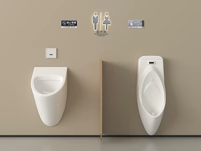 Modern White Wall Mounted Urinals in Public Restroom With Toilet Signs 3d model