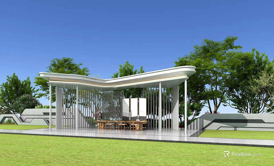 Modern Pergola With Curved Roof White Structure And Outdoor Leisure Space Surrounded By Trees 3d model 