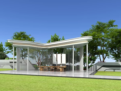 Modern Pergola With Curved Roof White Structure And Outdoor Leisure Space Surrounded By Trees 3d model