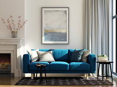Blue Three Seater Sofa In Modern Living Room With Fireplace Throw Pillows Artwork And Rug 3d model