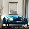 Blue Three Seater Sofa In Modern Living Room With Fireplace Throw Pillows Artwork And Rug