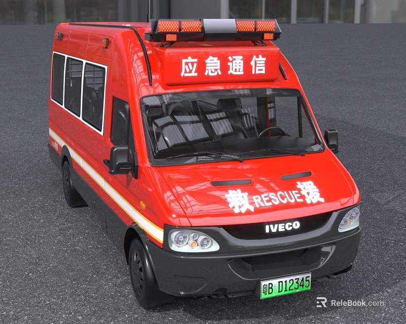 Red IVECO Emergency Communication Rescue Van With Roof Emergency Lights And Rescue Signage 3d model 