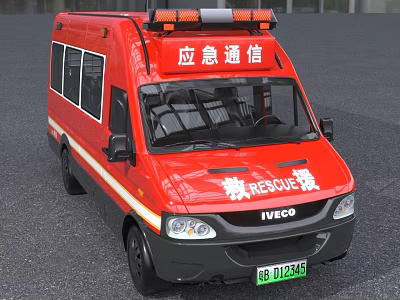 Red IVECO Emergency Communication Rescue Van With Roof Emergency Lights And Rescue Signage 3d model
