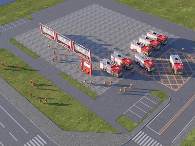 Fire Station Aerial View With Red Fire Trucks Parked On Plaza Billboards Grass And Road 3d model