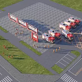 Fire Station Aerial View With Red Fire Trucks Parked On Plaza Billboards Grass And Road