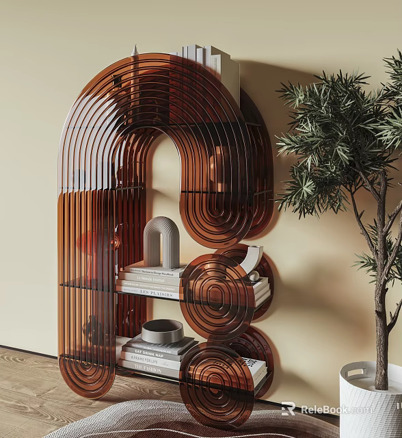 Modern Arched Entryway Console Cabinet with Tiered Shelves Decorative Items and Green Plant 3d model 