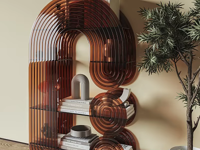 Modern Arched Entryway Console Cabinet with Tiered Shelves Decorative Items and Green Plant 3d model
