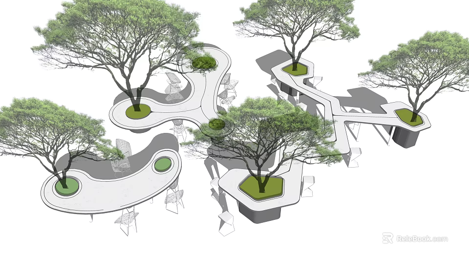 Modern Connected Tree Planters Design With Seating Areas And Green Trees 3d model