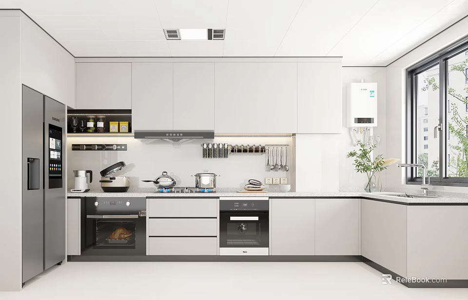 Sleek Modern Kitchen Interior With White Cabinets Island Counter And Appliances 3d model 