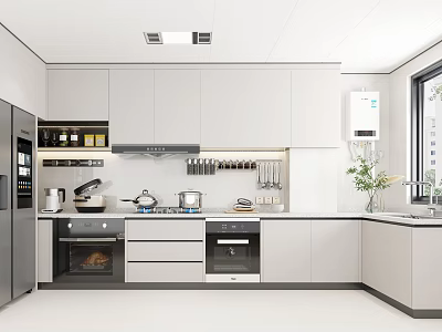 Sleek Modern Kitchen Interior With White Cabinets Island Counter And Appliances 3d model