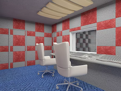 Recording Studio Control Room With Red Gray Acoustic Walls White Chairs Blue Carpet And Console 3d model