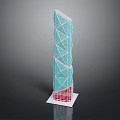 Modern High Rise Tower With Blue Grid Exterior Red Base And Geometric Design