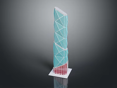 Modern High Rise Tower With Blue Grid Exterior Red Base And Geometric Design 3d model