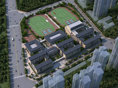 School Buildings Complex Surrounded By Football Field Track Trees Roads And Tall Buildings 3d model