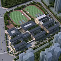School Buildings Complex Surrounded By Football Field Track Trees Roads And Tall Buildings