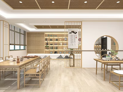 School Traditional Culture Activity Room With Wooden Tables Bookshelves Chinese Partitions And Round Mirror 3d model