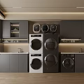 Modern Laundry Room With Multiple Washing Machines Dryers And Gray Cabinets
