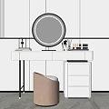 White Dressing Table with Round Illuminated Mirror Cosmetics and Beige Chair in Minimalist Room
