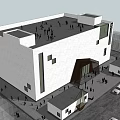 Modern Museum Building Featuring White Facade Geometric Windows Triangular Entrance People And Cars