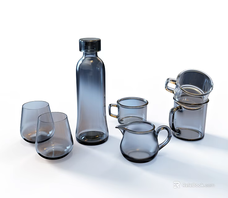 Glass Cups Set Including Handle Cups and Glass Bottle on White Background 3d model 