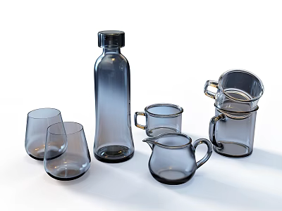 Glass Cups Set Including Handle Cups and Glass Bottle on White Background 3d model